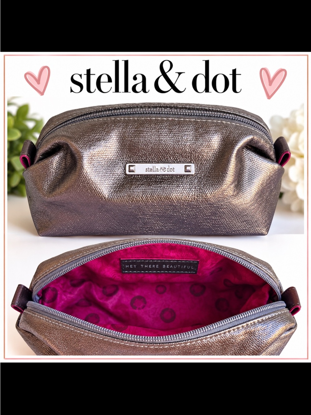 Stella & Dot Metallic Bronze Cosmetic Pouch with Magenta Interior